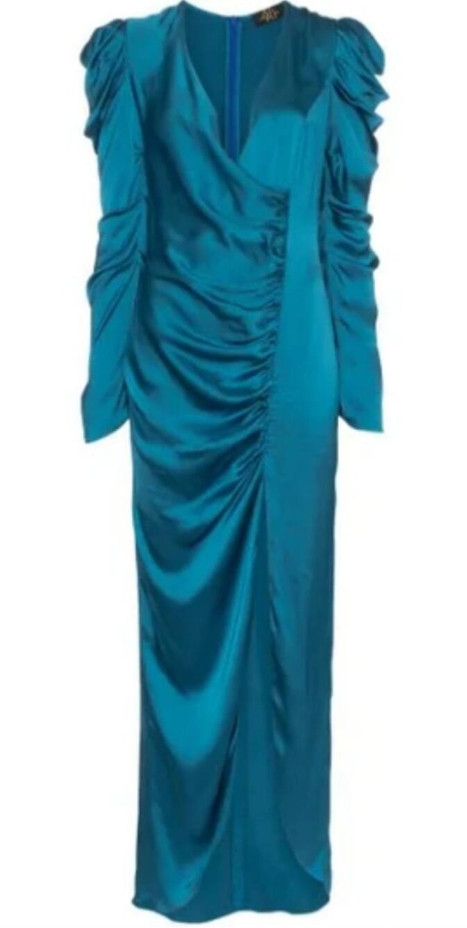 De La Vali Gin Ruched Maxi Dress in Blue Size UK 8 US 4 Long Sleeve Satin NWT